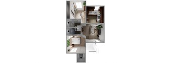 A top down view of a house with a kitchen, living room, and bathroom.