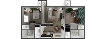 A 3D rendered image of a modern apartment layout.