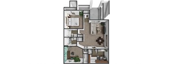 A floor plan of a house with a kitchen, living room, and bathroom.