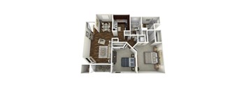 A 3D floor plan of a house with a kitchen, living room, and bedrooms.