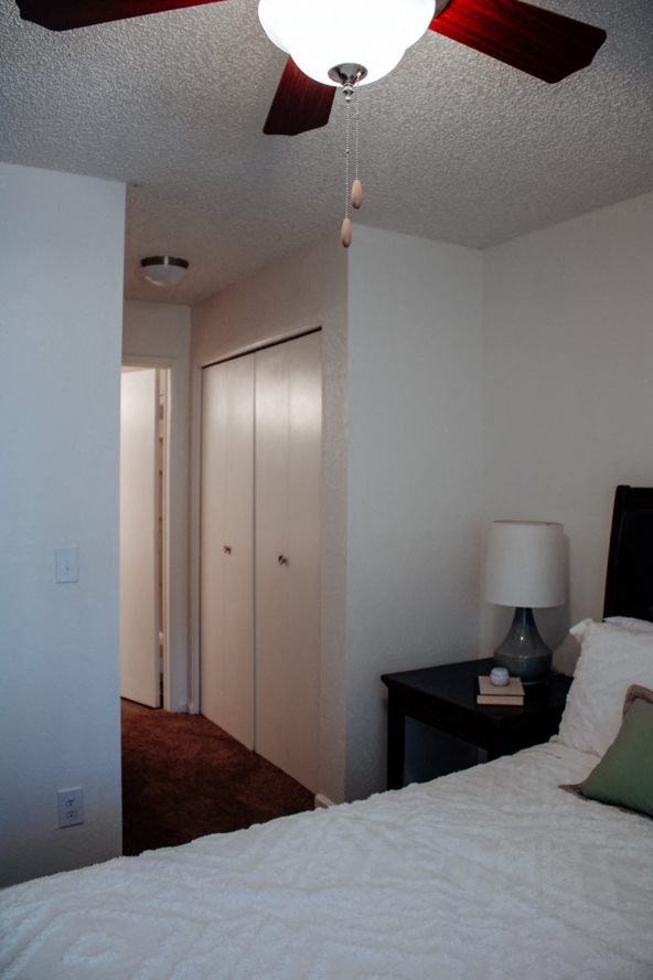 a bedroom with a bed and a ceiling fan