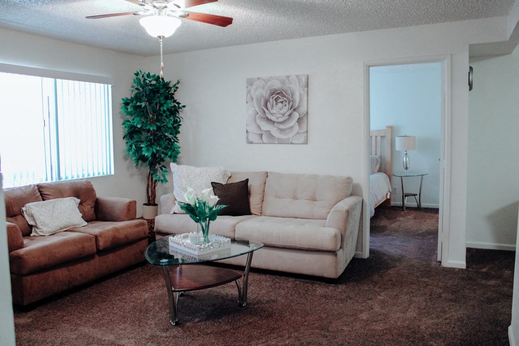 a living room with couches and a coffee table