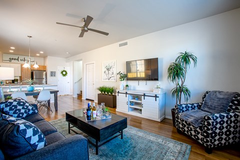 a living room with a couch and a coffee table