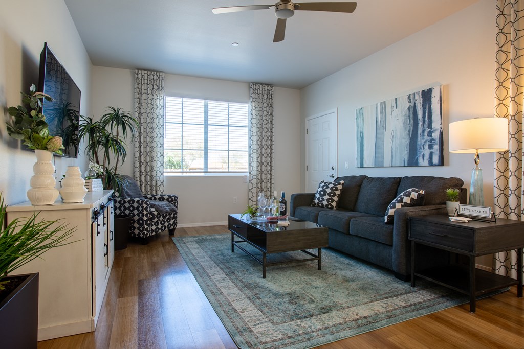 a living room with a couch and a coffee table