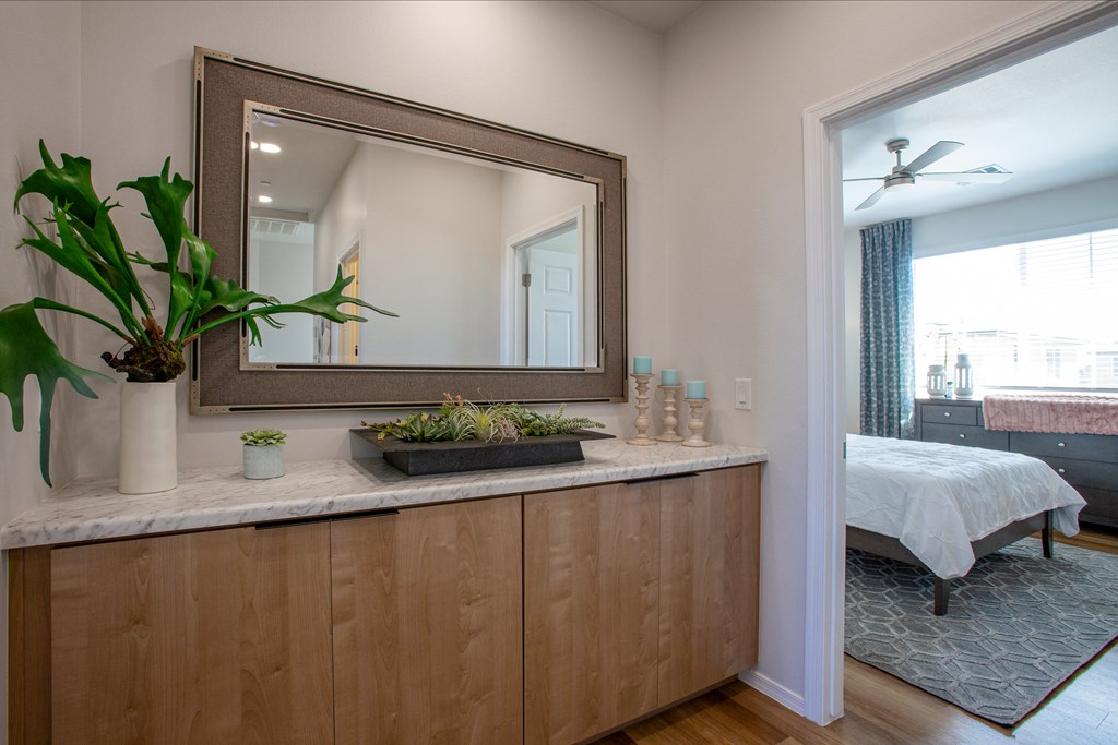 a bedroom with a mirror and a vanity with a plant