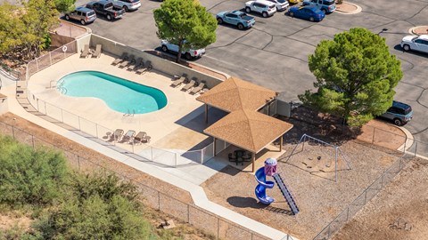 A playground with a slide and a tree.
