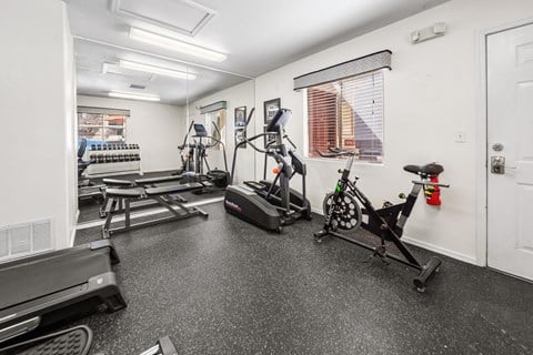 A home gym with a treadmill, stationary bike, and weights.