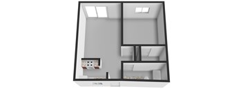 A 3D rendered image of a house layout.
