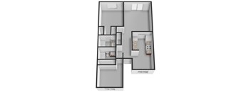 A floor plan of an apartment with a kitchen, living room, and two bedrooms.