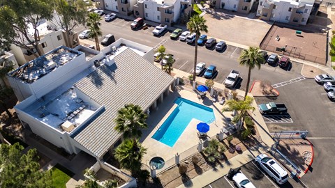 Arial view of the pool at Desert Springs Apartments.