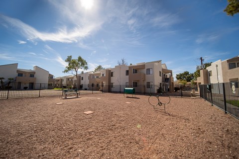 Dog park with play structures.