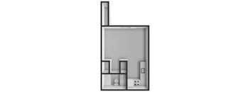 A drawing of a room with a bed, desk, and chair.