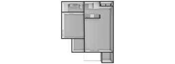 A floor plan of a small apartment with a kitchen, living room, and two bathrooms.