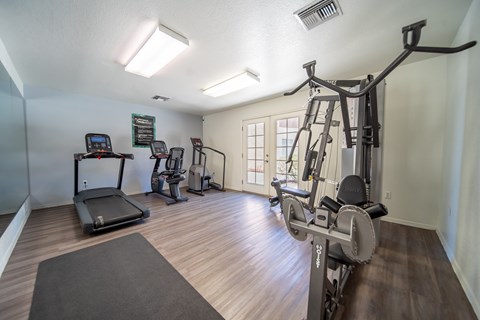 A well-equipped home gym with a treadmill, elliptical machines, and a weight bench.