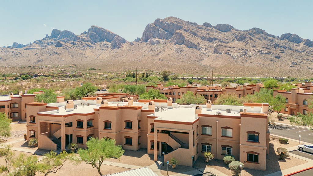 A desert landscape with a mountain in the background and a building in the foreground.