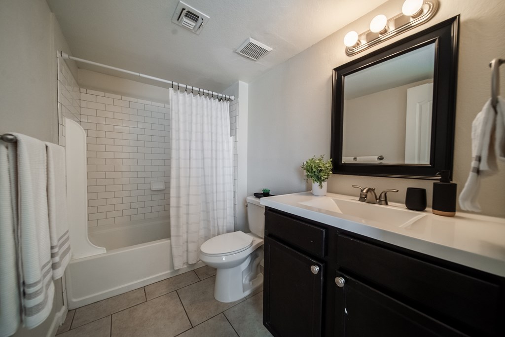 A bathroom with a white toilet, a white bathtub, and a black vanity with a mirror.