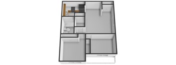 A 3D floor plan of a house with a kitchen, living room, and bathroom.