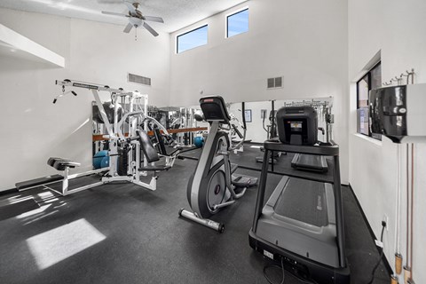 A well equipped gym with a treadmill, weights and exercise machines.