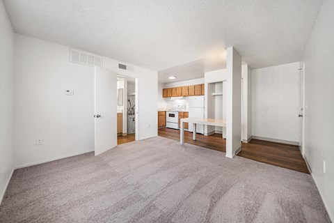 A spacious living room with a grey carpet and white walls.