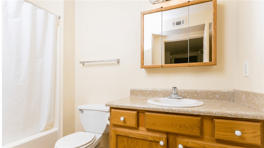 a bathroom with a toilet sink and mirror and a shower