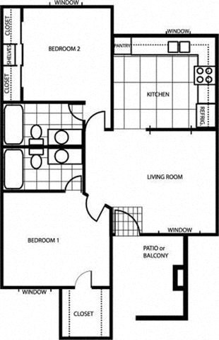 Two Bedroom Floor Plan at University Square Apartments, Flagstaff, Arizona