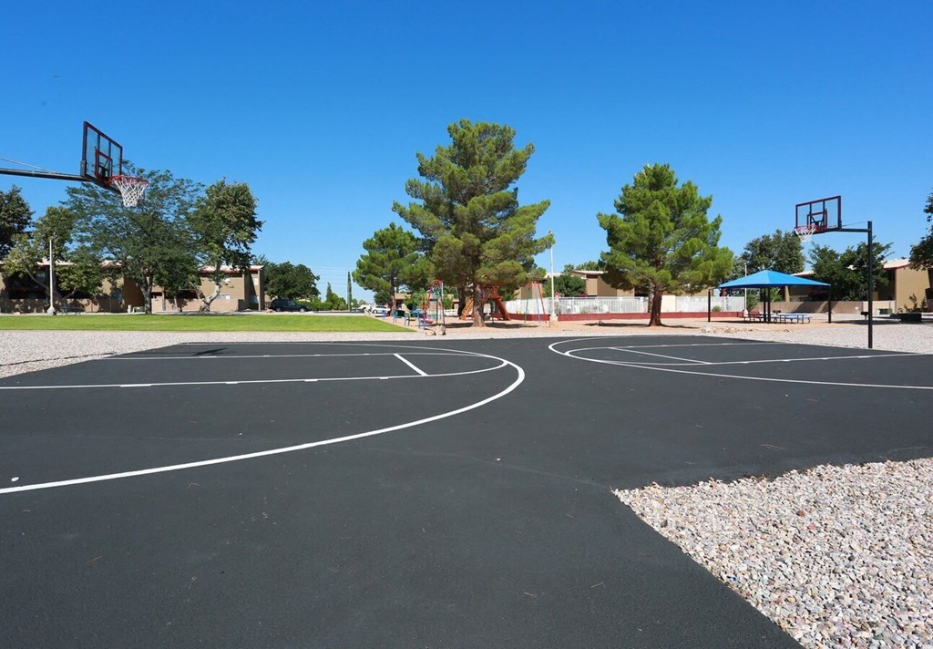 a basketball court in a park with trees