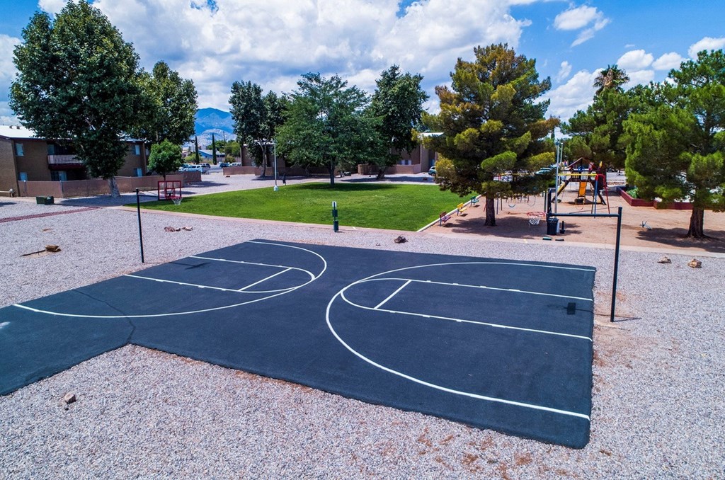 a basketball court with landscaping