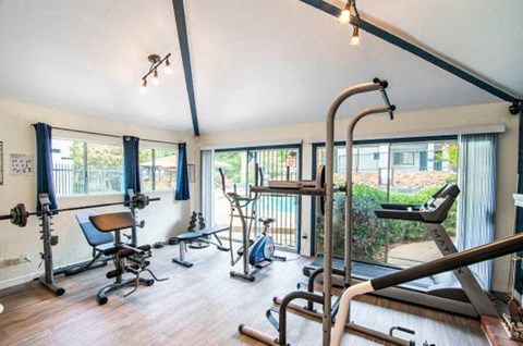 a room with a lot of exercise equipment in it