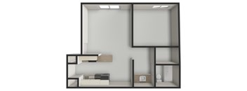 A black and white image of a room with furniture.