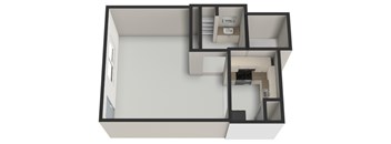 A 3D floor plan of a house with a kitchen, living room, and bathroom.