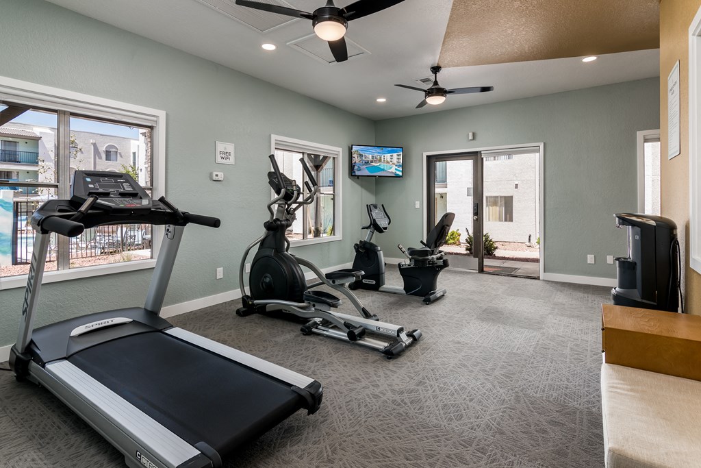 a home gym with cardio equipment and a flat screen tv