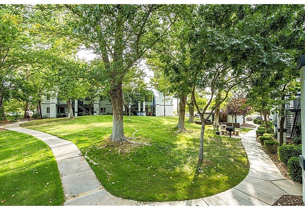 a grassy area with trees and buildings in the background