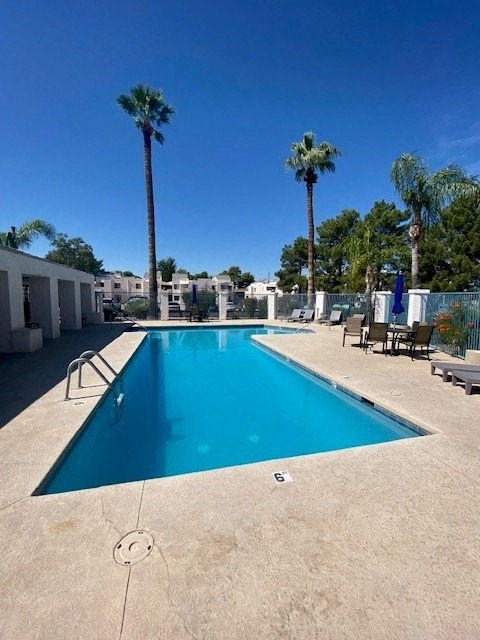 a swimming pool with palm trees and chairs around it