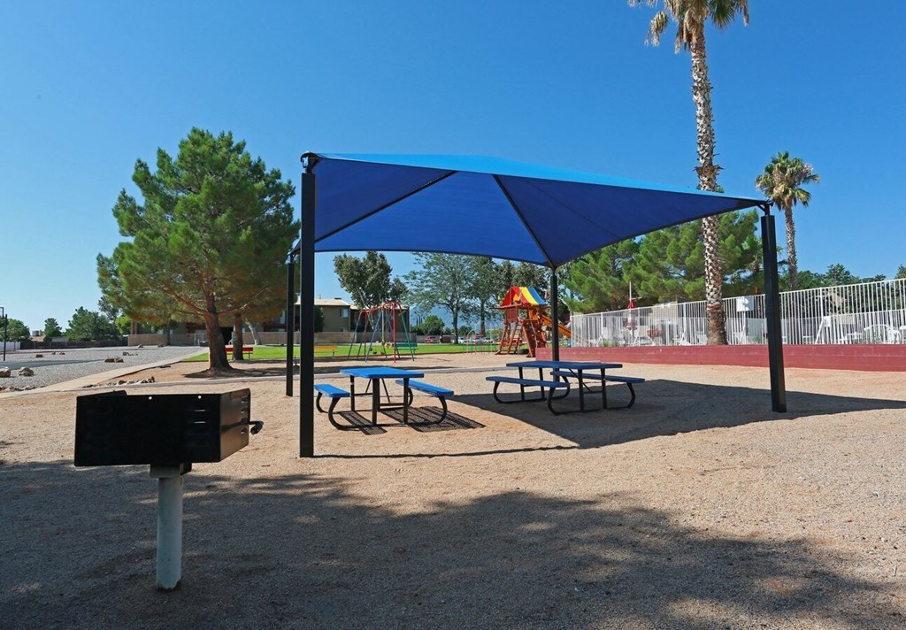 a picnic area with picnic tables and bar-b-que grill