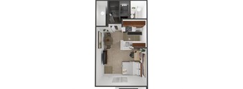 A top-down view of a kitchen with a dining table and chairs.