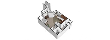 A 3D floor plan of a house with a kitchen, living room, and two bedrooms.
