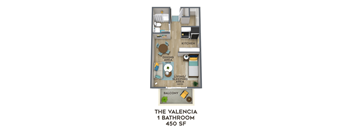 a floor plan of the valencia 1 bedroom