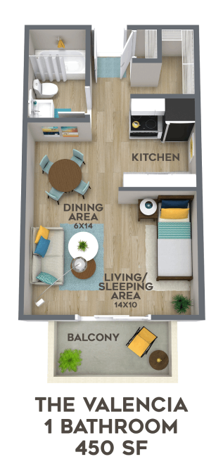 a floor plan of the valencia 1 bedroom