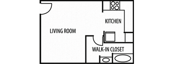 a floor plan of a house with a living room kitchen and a walk in closet