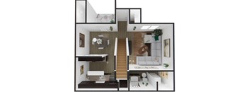 A 3D rendered image of a modern apartment layout.