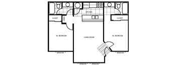 Two Bed Two Bath Floor Plan at Woodlands Village Apartments, Flagstaff, AZ, 86001