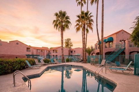 A pool surrounded by palm trees and lounge chairs.