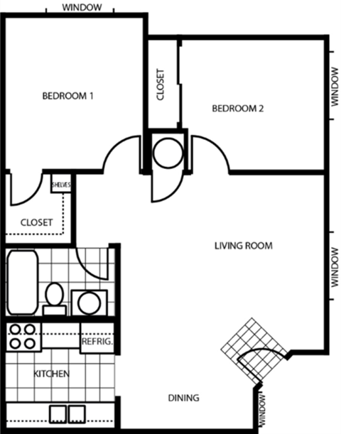 Two Bedroom Floor Plan at Woodlands Village Apartments, Arizona, 86001