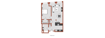 A floor plan of a one bedroom apartment.