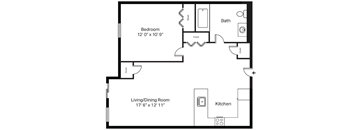 A black and white image of a floor plan for a small apartment.