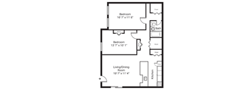 A black and white image of a floor plan for a home with a living/dining room, kitchen, and two bedrooms.
