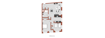 A floor plan of a small apartment with two bedrooms.