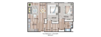 a floor plan with two bedrooms and a bathroom
