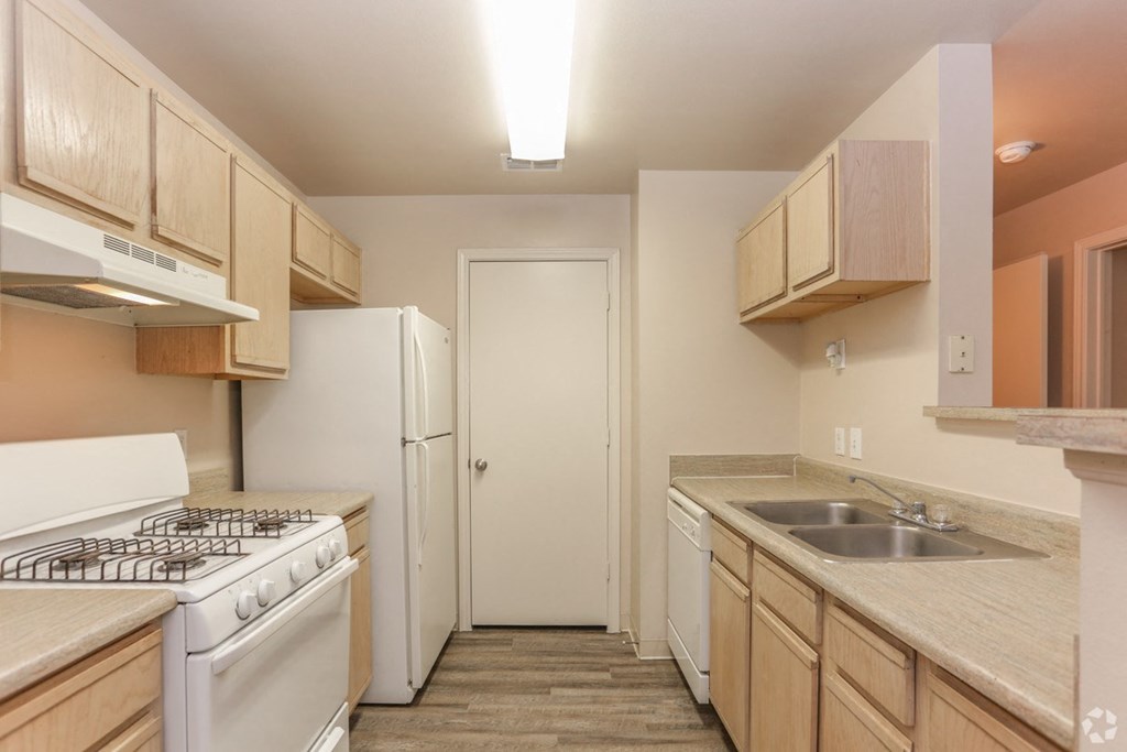 a kitchen with a stove and a sink and a refrigerator