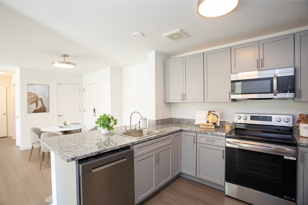 A kitchen with a granite countertop and stainless steel appliances.